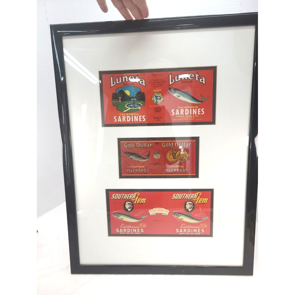 Framed Matted Vtg Sardine Label Wall Art Luneta Gold Dollar Southern Gem 22"x17"